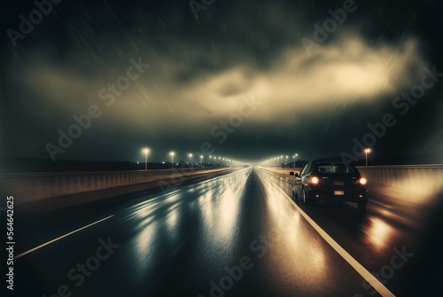 Car on higway in the night, rain