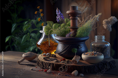 Lavender oil and lavender. Still life of a wooden table full of natural ingredients for aromatherapy with flowers and herbs. Concept of ointments and oriental alternative natural medicine. Ai generate