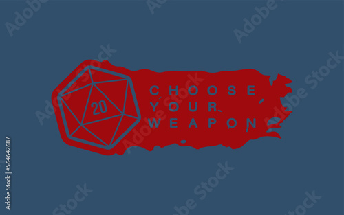 Vector line dice 20 sided and red torn cloth. Board games. Text: Choose your weapon. Blue background.