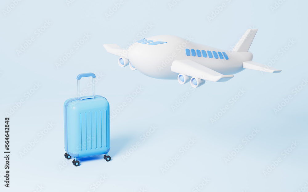 Airplane and luggage in the blue background, 3d rendering.