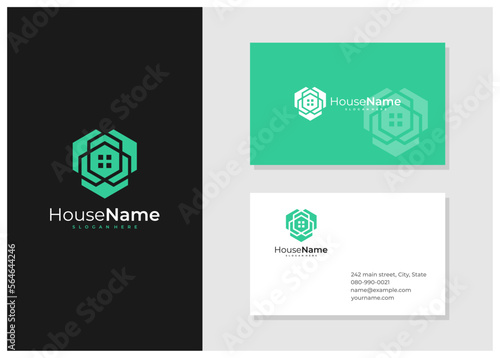 Hexagon House logo with business card template. Creative Home logo design concepts