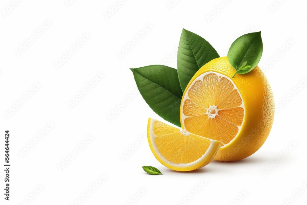 Lemon fruit with leaf isolated. Lemon whole, half, slice, leaves on white. Lemon slices with zest isolated. With clipping path. Full depth of field. generative ai