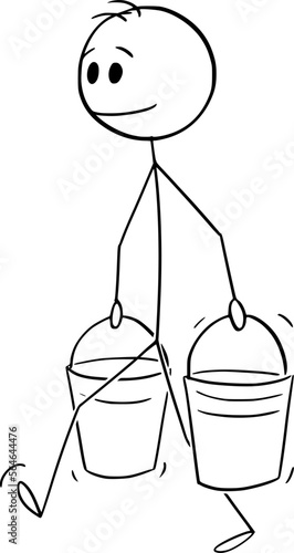 Person Walking With Two Buckets , Vector Cartoon Stick Figure Illustration