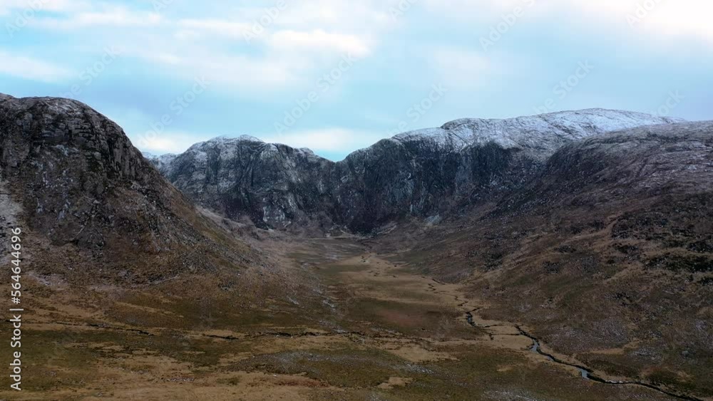 Aerial view of Poisen Glen next to Mount Errigal, the highest mountain in Donegal - Ireland.