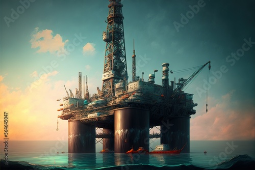 Fototapete The construction of a drilling rig, an oil rig in the sea, for the extraction of oil and other from the depths of the ocean, against the backdrop of a beautiful sky and a boundless ocean, equipment