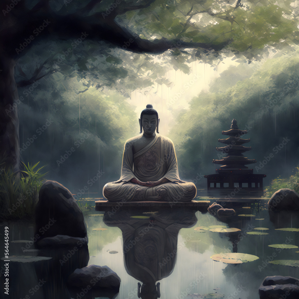 calm scene in bali, indonesia, thailand, statue, water, temple, tree, generative ai