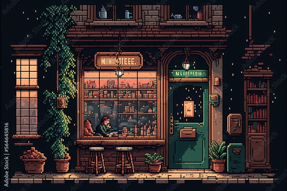 Pixel Art Coffee Shop In Park With Trees Facade Of Old Coffee Shop pixel-art-coffee-shop-in-park-with-trees-facade-of-old-coffee-shop