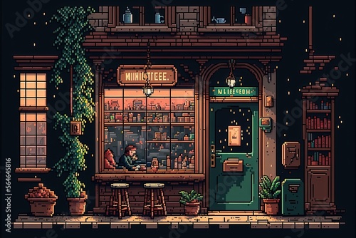 Pixel art coffee shop in park with trees, facade of old coffee shop, background in retro style for 8 bit game, Generative AI	