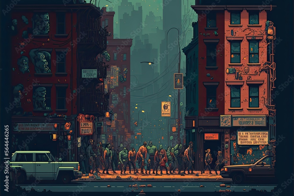 Pixel art city in zombie apocalypse, background in retro style for 8 ...