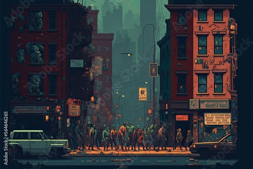 Pixel art city in zombie apocalypse, background in retro style for 8 bit game, Generative AI 