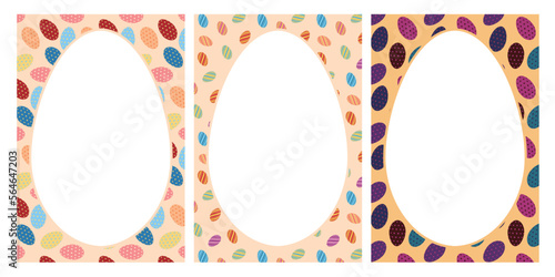 模様つきタマゴを並べた背景とHAPPY EASTERの文字のグリーティングカード向け素材セット