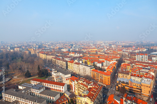 Aerial view of Turin City in Italy . Houses with red roofs in the city view from above