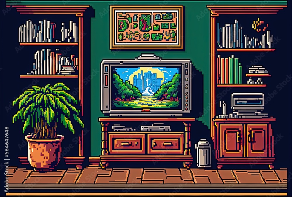 custom made wallpaper toronto digitalPixel art TV room of old house, antique furniture, background in retro style for 8 bit game, Generative AI	