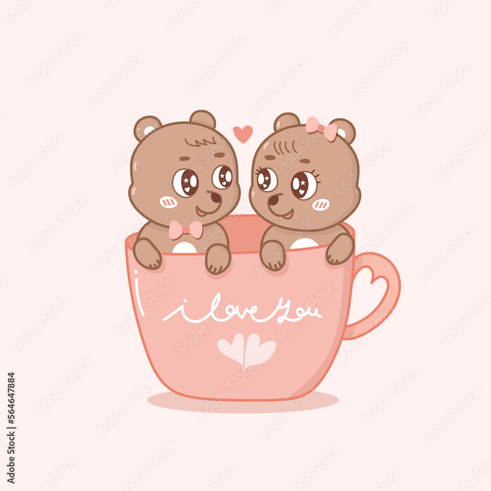 Fototapeta premium Draw vector illustration character couple love of cat in cup of tea.Isolate on white So sweet.Doodle cartoon style.