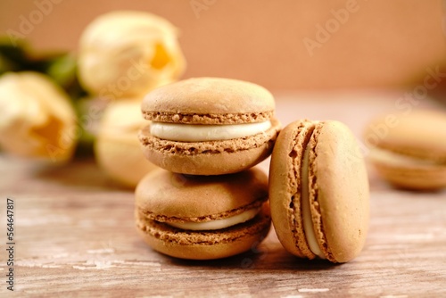 Caramel Macarons | Macaroons background, selective focus