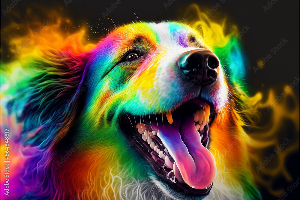 Dog laughing so hard his head explodes in rainbow colors, HD, soft focus, neon, photorealism