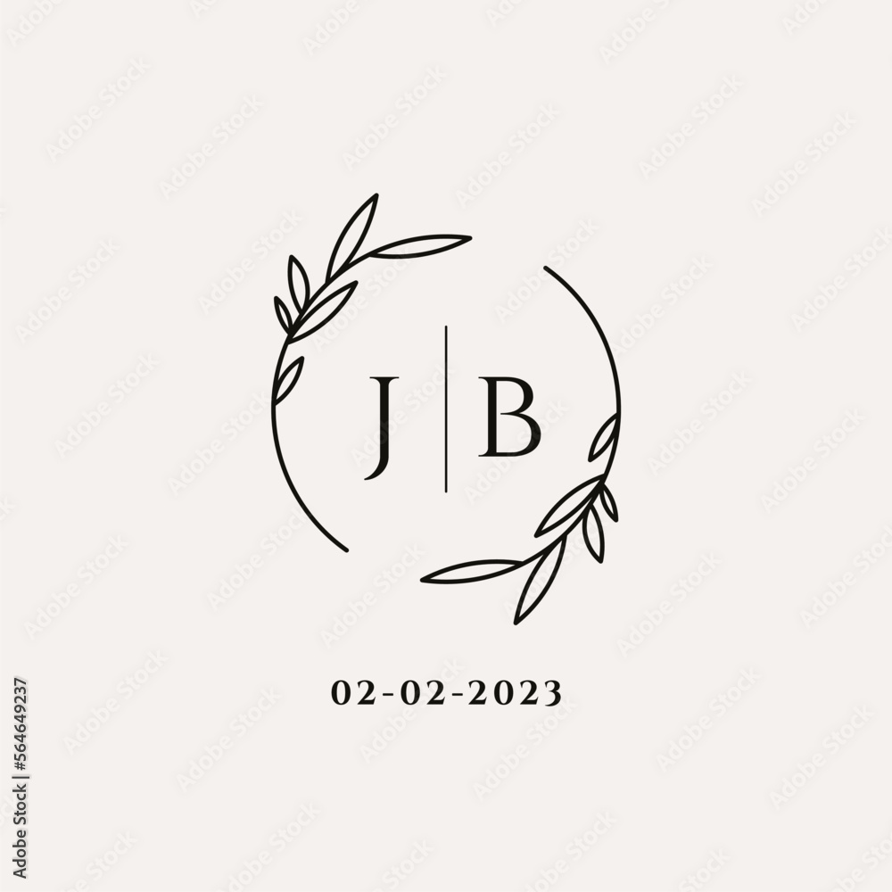 Letter JB wedding monogram logo design with simple natural circle leaf ...