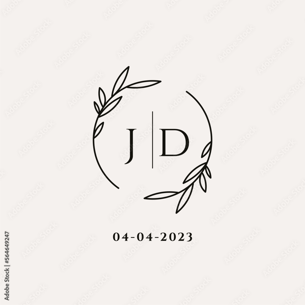 Fotografie Letter JD wedding monogram logo design with simple natural circle leaf frame
