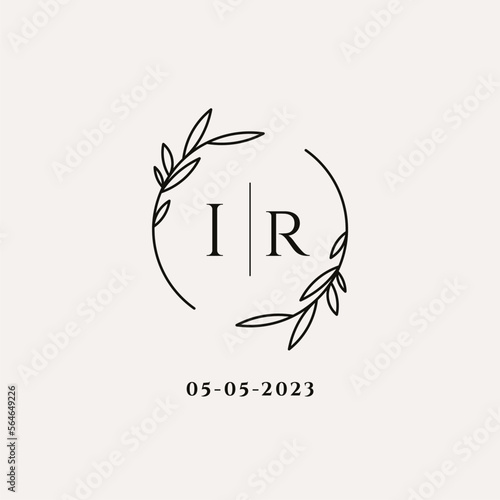Letter IR wedding monogram logo design with simple natural circle leaf frame