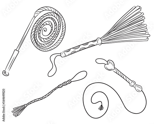 Collection of leather whip knout with tassels for adult role games in black isolated on white background. BDSM concept. Hand drawn vector sketch illustration in doodle engraved outline style.
