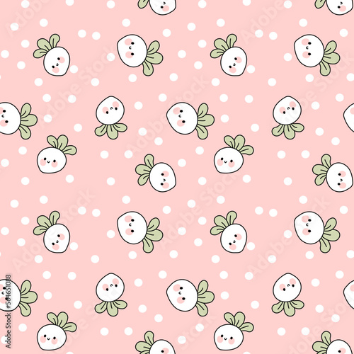 Vector seamless cartoon pattern with vegetable and heart on a pink background.