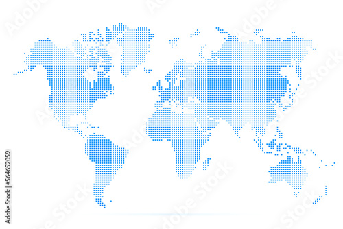 World map with square dot. Blue dotted squares world map isolated on white background. Pixels silhouette worldmap. Simple flat wallpaper. Planet halftone pattern for design print. Vector illustration