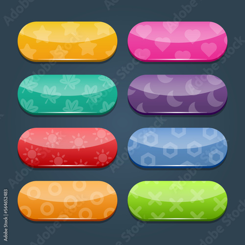 Colorful vector set of game buttons and frames. Elements for mobile applications. Options and selection windows, panel settings.