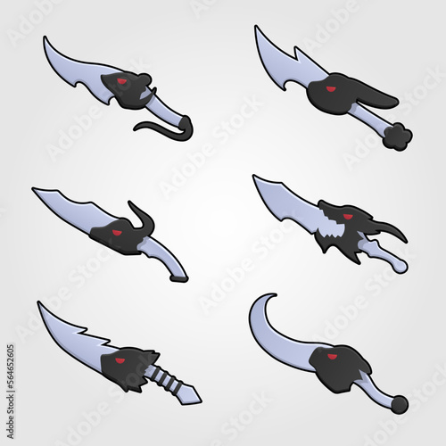 Collection of decoration weapon for games. Set of silver cartoon knives. Vector illustration.
