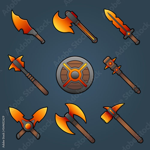 Cartoon weapon icons set with colorful sword, knife, sword, shield made of fire for game design isolated vector illustration