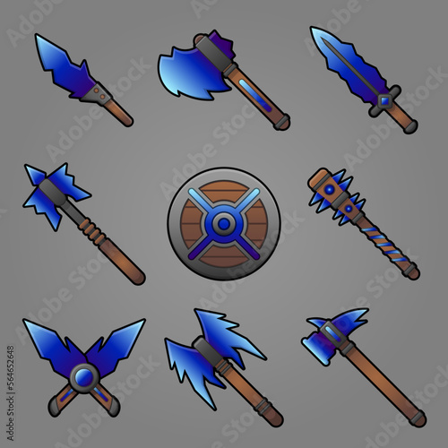 Cartoon weapon icons set with colorful sword, knife, sword, shield made for game design isolated vector illustration