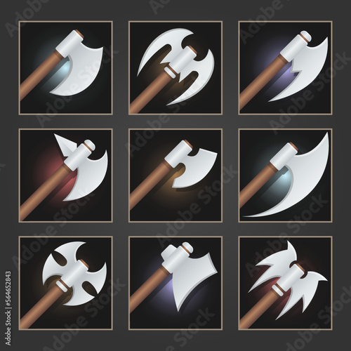 Collection of decoration weapon for games. Set of silver cartoon axes. Vector illustration.