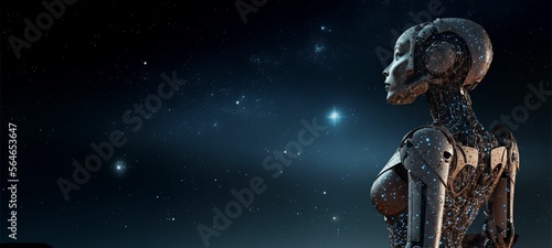 Webseiten Hintergrund mit nächtlichem Himmel, Sternen und einem weiblichen Androiden