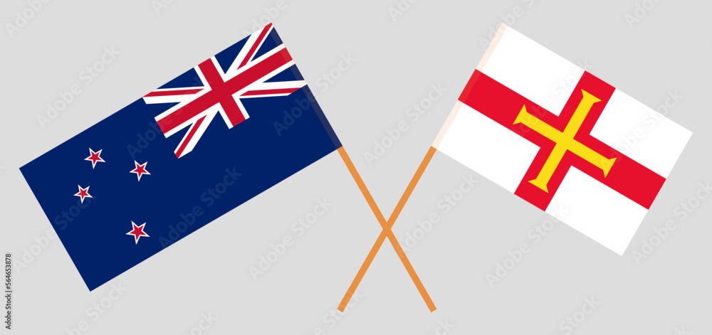 Crossed flags of New Zealand and Bailiwick of Guernsey. Official colors. Correct proportion