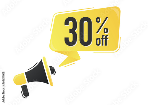 30 percent off. Megaphone and colorful yellow speech bubble with quote. Blog management, blogging and writing for website. Concept poster for social networks, advertising, banner © vadymstock