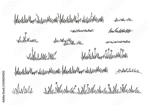 Grass bush line hand drawn scribble lawn outline icon set. Vector doodle sketch border illustration.