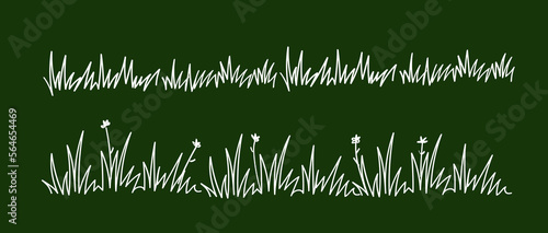 Grass bush line hand drawn scribble lawn outline icon set. Vector doodle sketch border illustration.