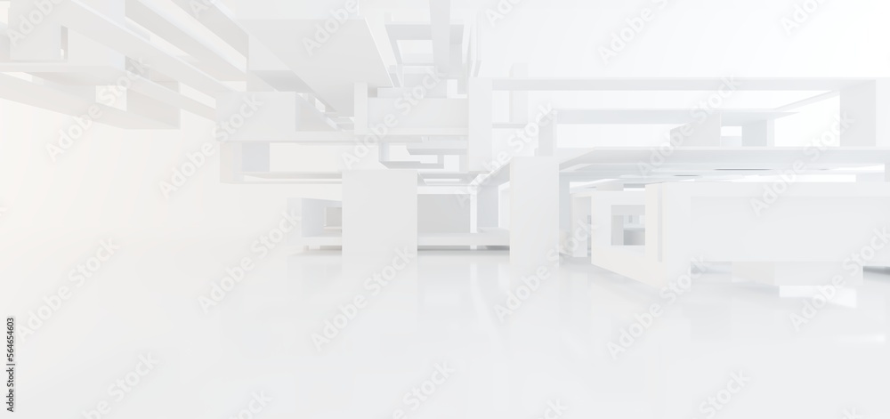 Luxury white abstract architectural minimalistic background. Contemporary showroom. Modern exhibition stand. Empty gallery. Backlight. Polygonal Graphic Design. 3D illustration and rendering.
