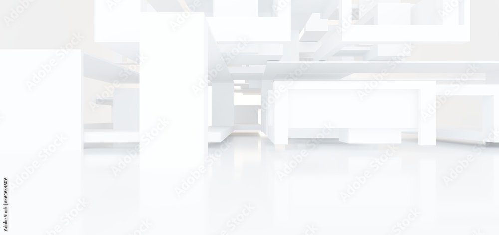 Luxury white abstract architectural minimalistic background. Contemporary showroom. Modern exhibition stand. Empty gallery. Backlight. Polygonal Graphic Design. 3D illustration and rendering.