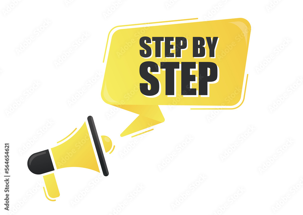 Megaphone with step by step text on yellow background. Megaphone banner. Web design. Megaphone with step by step text on yellow background. Megaphone banner. Web design.