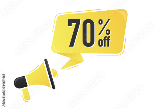 70 percent off. Megaphone and colorful yellow speech bubble with quote. Blog management, blogging and writing for website. Concept poster for social networks, advertising, banner © vadymstock