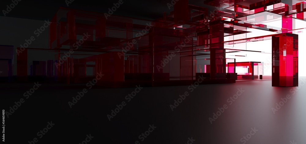 Luxury parametric abstract architectural minimalistic background. Contemporary showroom. Modern black exhibition tunnel. Empty gallery. Stand, table. Interior backlight. 3D illustration and rendering.