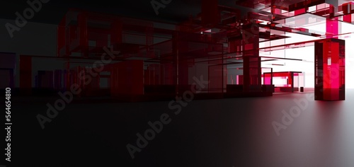 Obraz na płótnie Luxury parametric abstract architectural minimalistic background. Contemporary showroom. Modern black exhibition tunnel. Empty gallery. Stand, table. Interior backlight. 3D illustration and rendering. w salonie