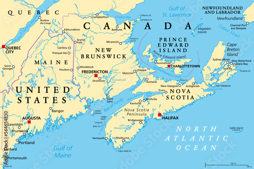 Fotobehang The Maritimes, also called Maritime provinces, a region of Eastern Canada, political map, with capitals, borders and largest cities