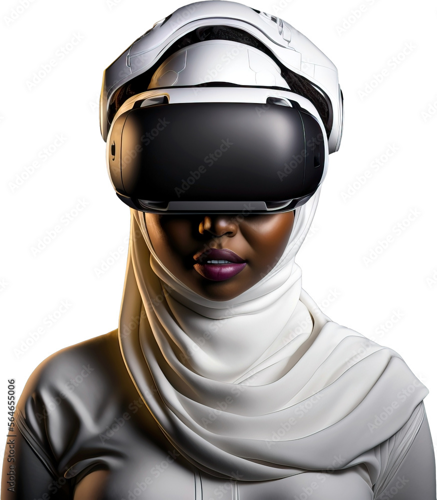 A beautiful African girl with a VR helmet and a white hijab without a background | Generative AI Production