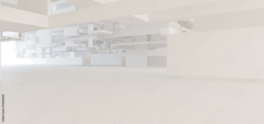 Luxury white abstract architectural minimalistic background. Contemporary showroom. Modern exhibition stand. Empty gallery. Backlight. Polygonal Graphic Design. 3D illustration and rendering.