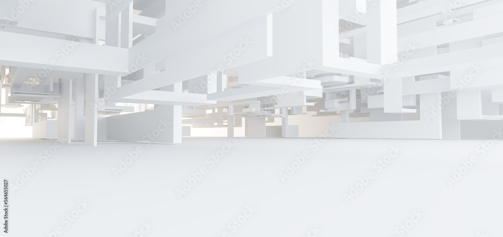 Luxury white abstract architectural minimalistic background. Contemporary showroom. Modern exhibition stand. Empty gallery. Backlight. Polygonal Graphic Design. 3D illustration and rendering.