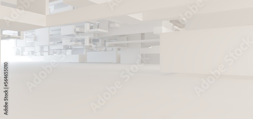 Luxury white abstract architectural minimalistic background. Contemporary showroom. Modern exhibition stand. Empty gallery. Backlight. Polygonal Graphic Design. 3D illustration and rendering.