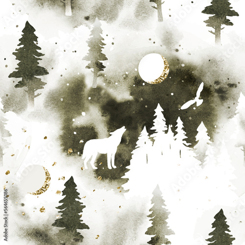Watercolor stylish seamless pattern with coniferous forest, wolf and owl. Vector silhouette of wolf howling at the full moon. Nature design for page fill, wrapping paper, web, textile print