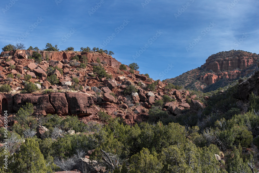 Rocky landscape in large canyon in rural New Mexico on clear day