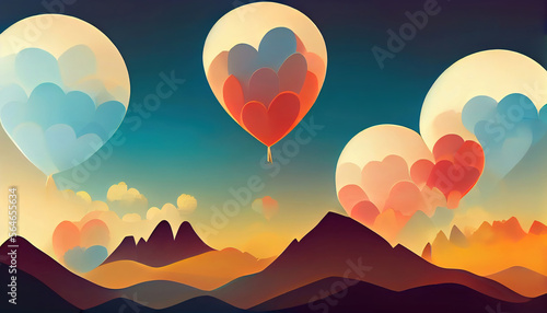 Illustration of mountain view scenery with heart shape hot air balloons